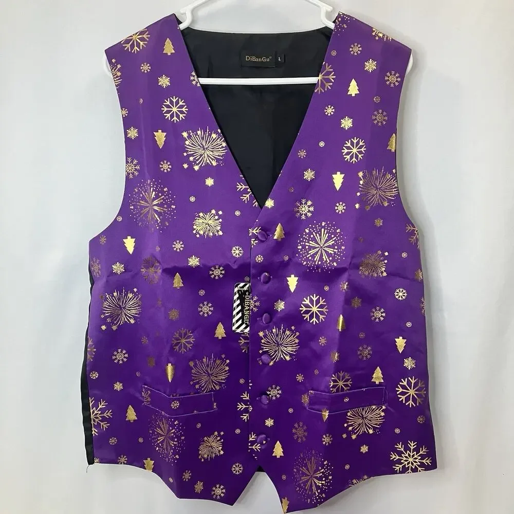 Christmas Men's Suit Vest Tie Set Formal Waistcoat Tuxedo Purple Festive sz L
